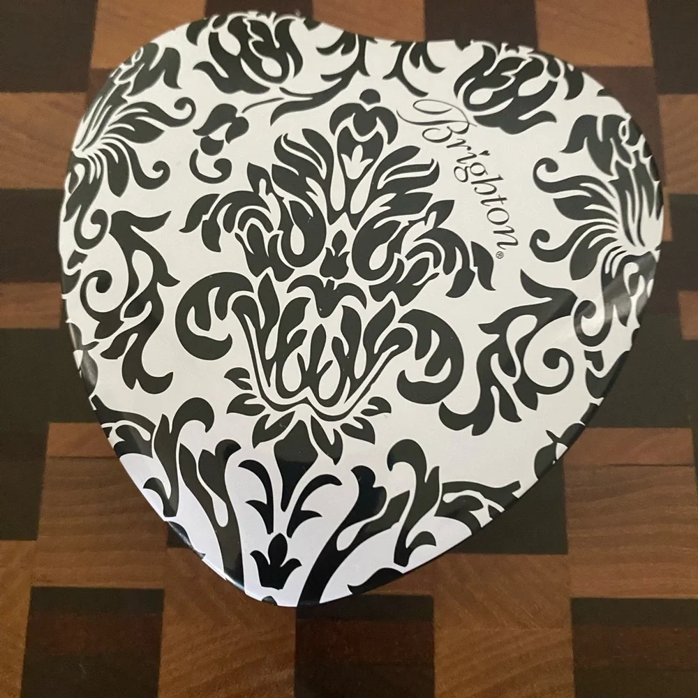 Retired Brighton Black and White Heart-Shaped Damask Decorative Tin Box 3.5”